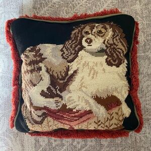 Vintage Needlepoint Cavalier King Charles Spaniel Dog Throw Pillow w/Red Fringe